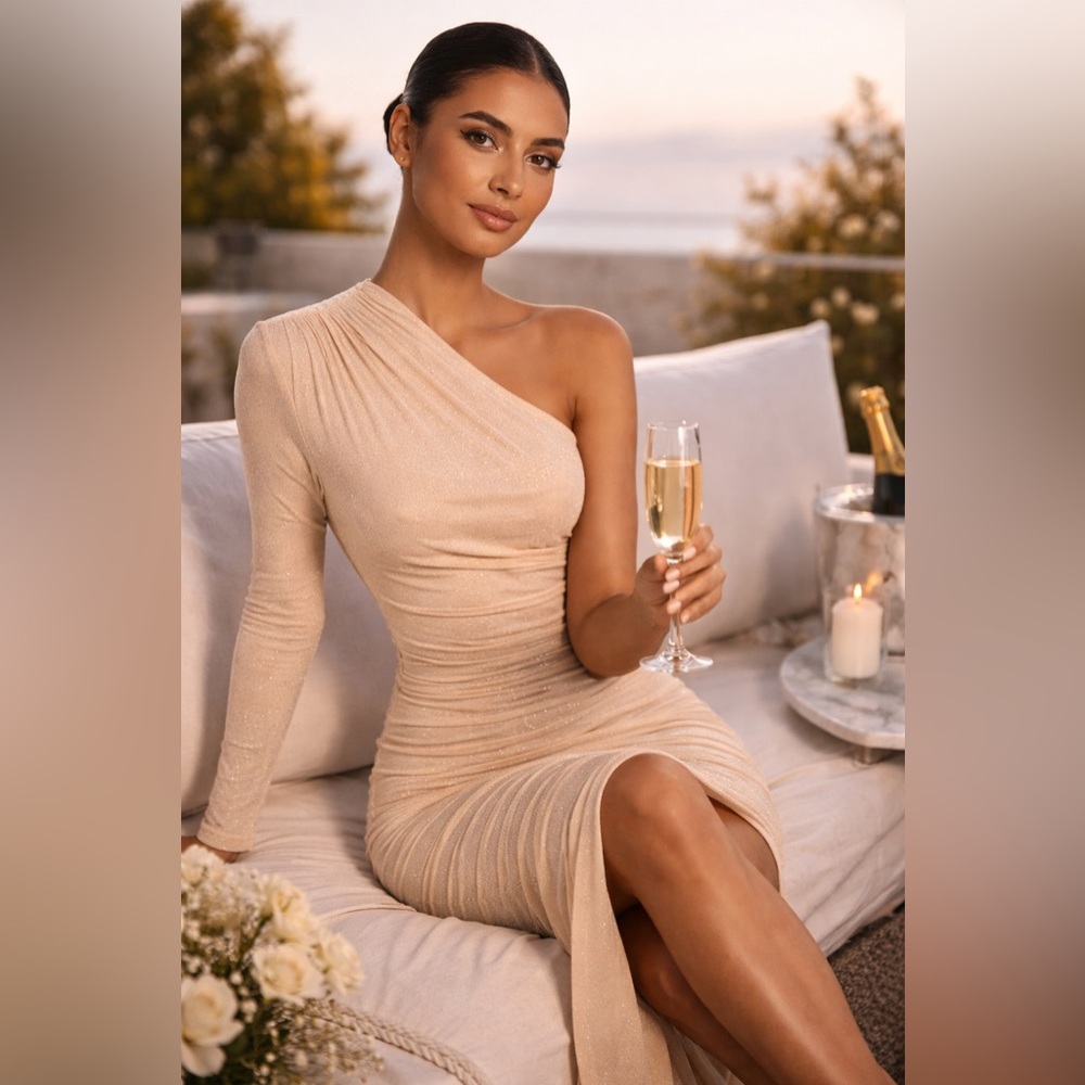 NWT Misha Tansy Ruched Sparkle Mesh Midi Dress in Champagne Size US 8